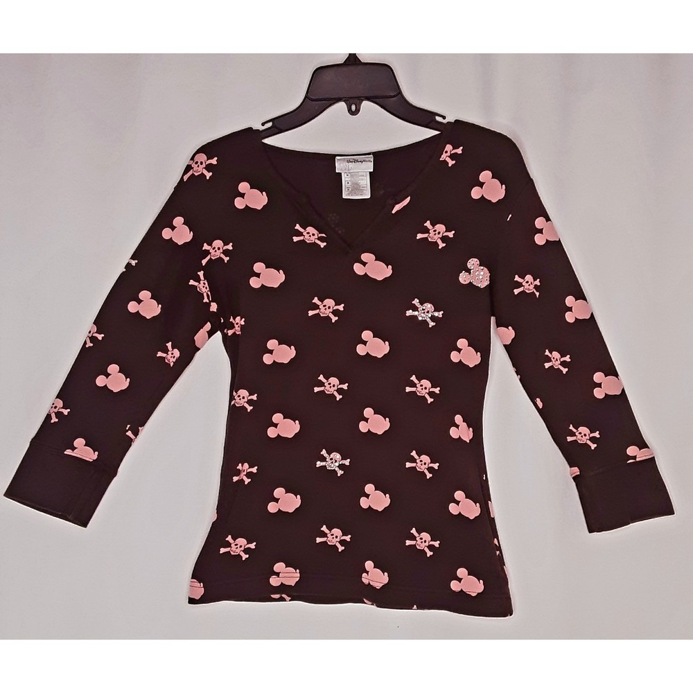 💎Walt Disney World Halloween Top Mickey & SkullCross Bones Graphic Sz Junior Med